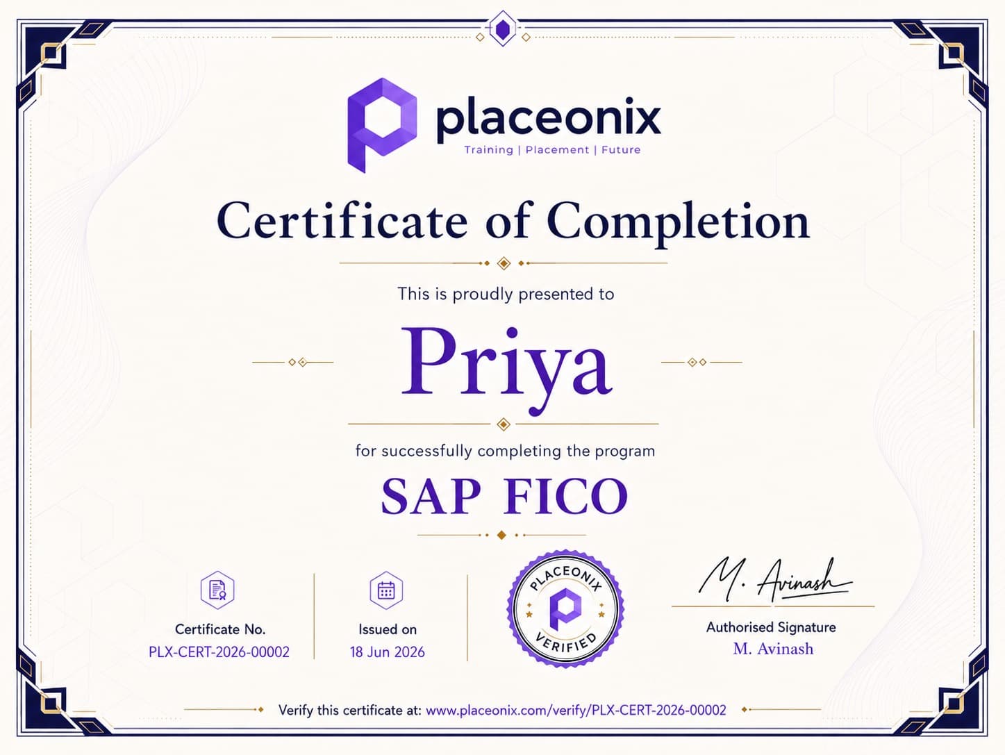 Sample Placeonix certificate of completion