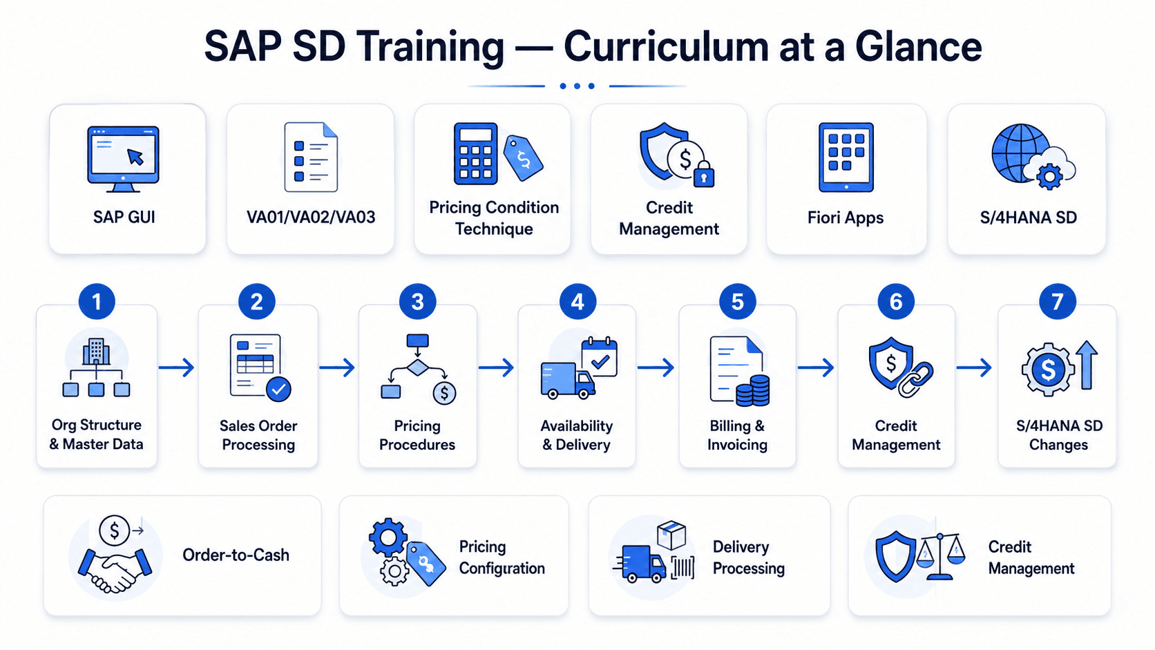 SAP SD training curriculum overview — Sales Order Processing, Pricing, Delivery, Billing, Credit Management, 6-8 week roadmap